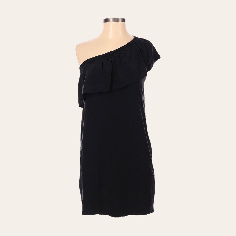 Madewell One Shoulder Ruffled LBD 100% Silk Black Mini Dress Size 00